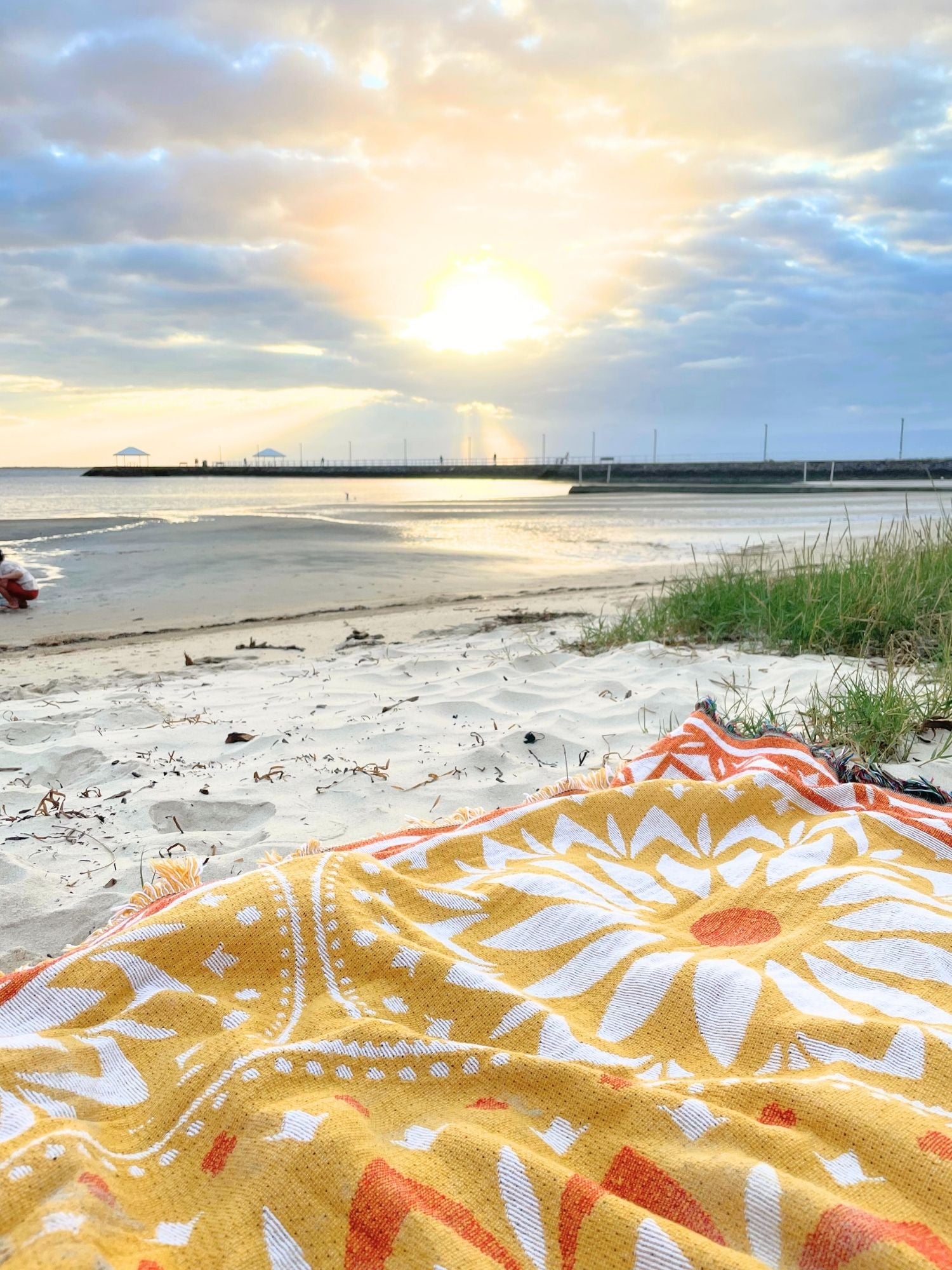 Yellow Better Days throw rug beach sunrise for self-care. Travel Australia and make memories. Sustainable versatile blanket. XL size for queen bed or family picnic. Designed in Australia