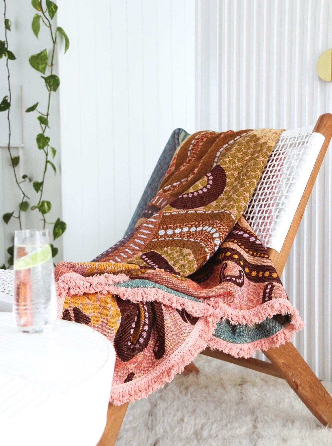 Coming Home Indigenous First Nations art throw rug interior decor. Aboriginal art. Woven from recycled fabrics. First Nations art, Kalkadoon designed in Australia