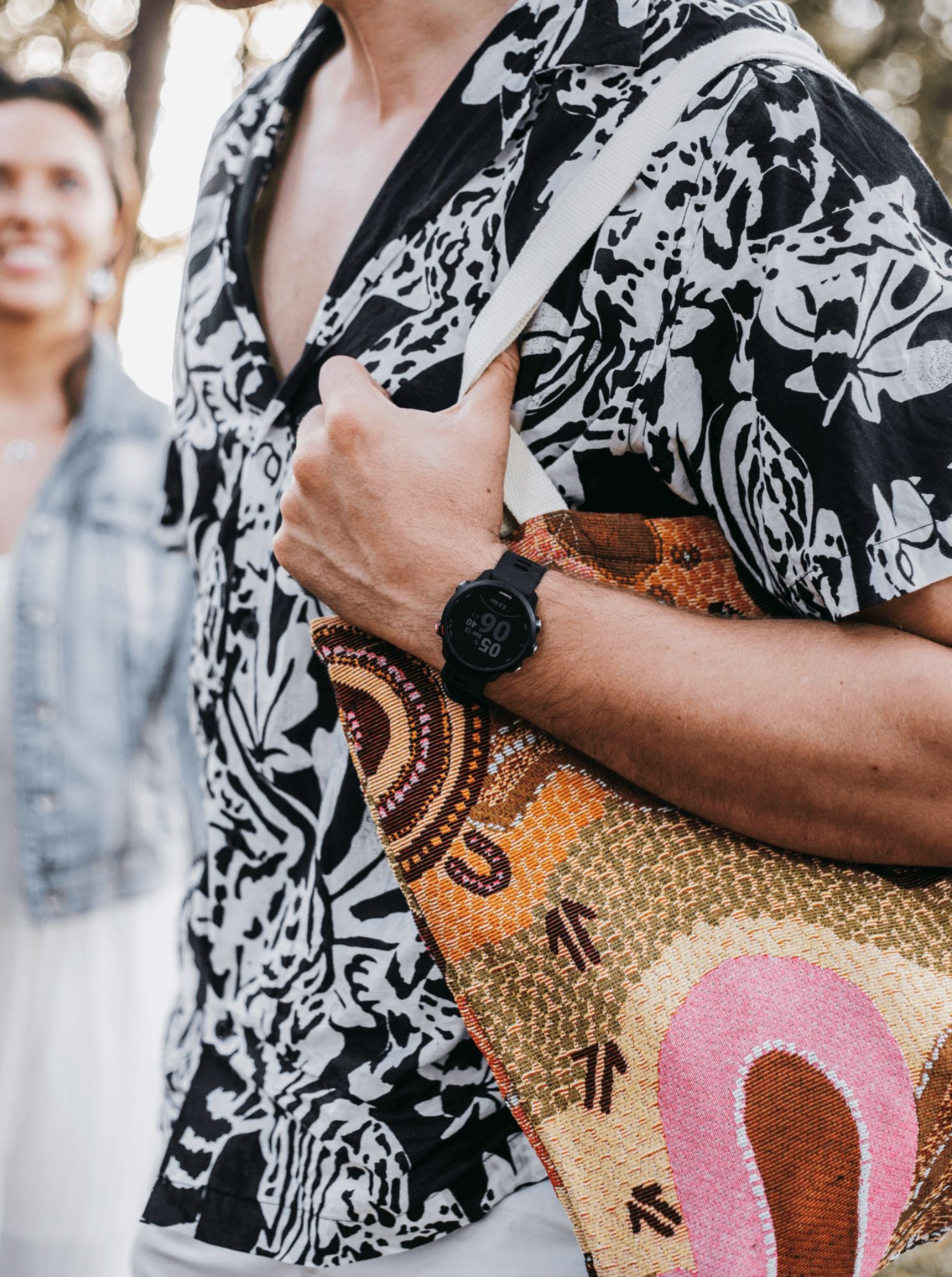 Coming Home Indigenous art tote bag. Woven from recycled fabrics. First Nations art, designed in Aus.