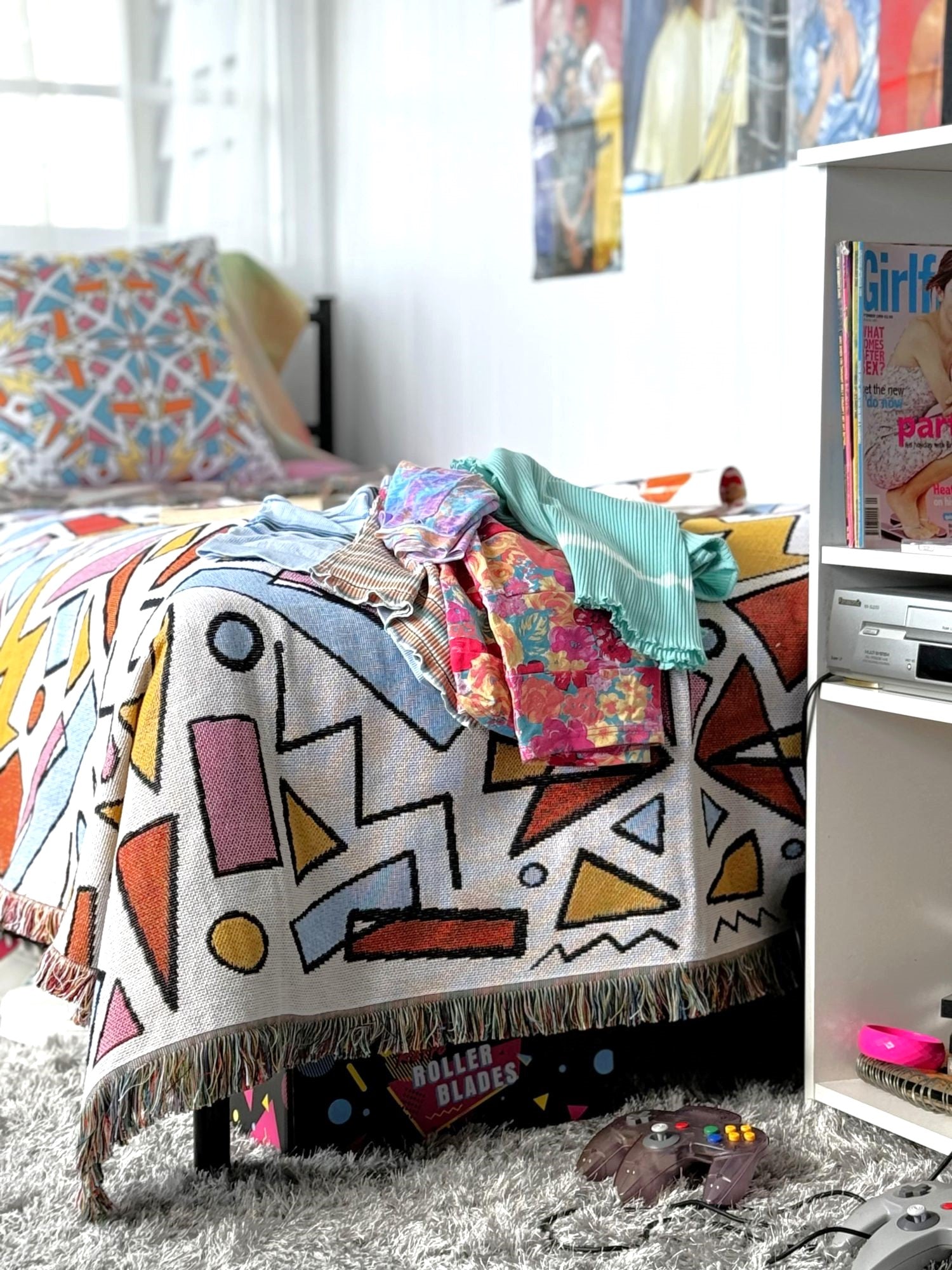 Just Ace throw rug beach blanket 90s vibe colourful design. Designed in Australia. 90s Bedroom decor, 90s vibe throw blanket.