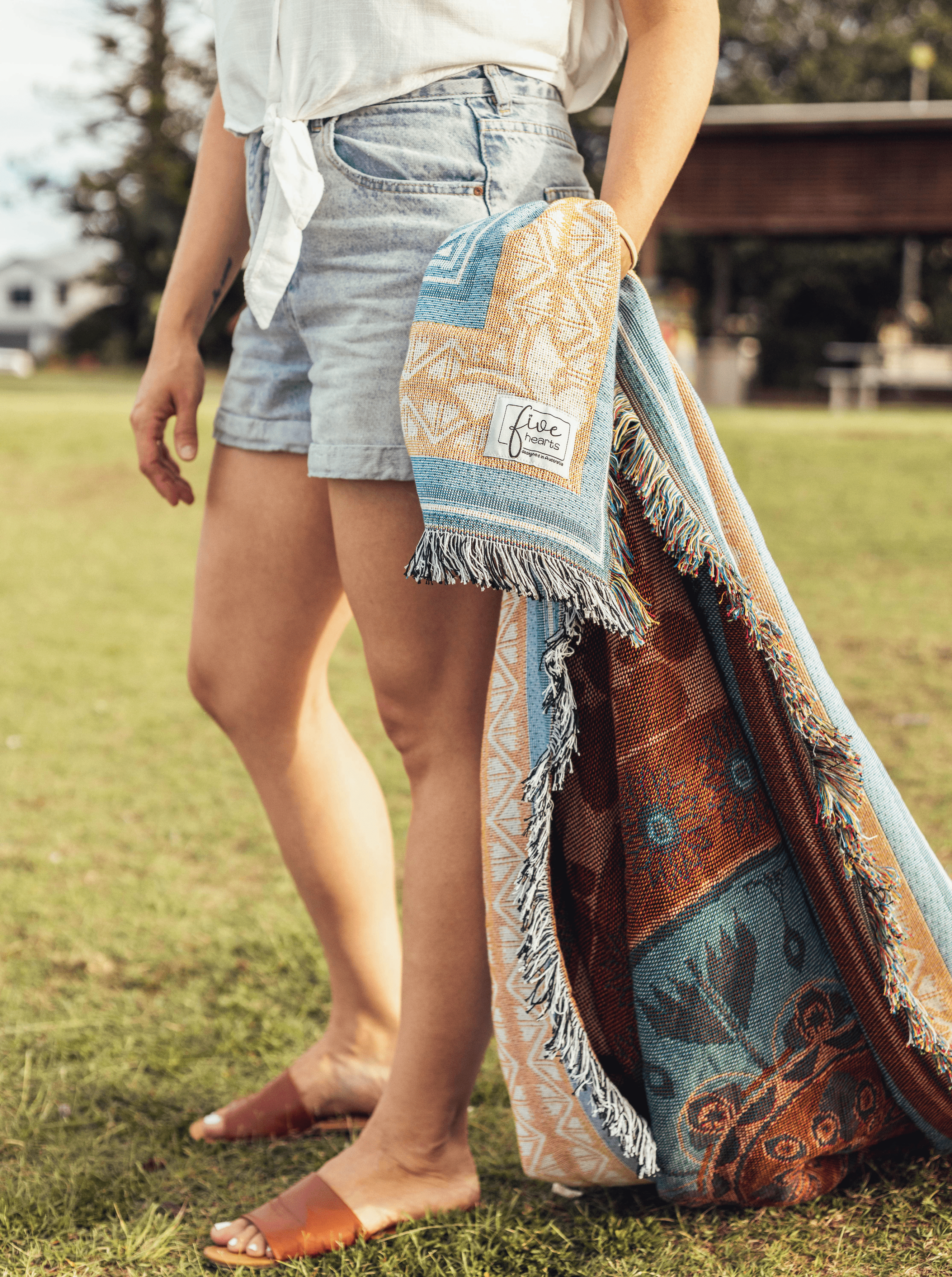 My Happiness throw rug, picnic blanket for 5 or more people. Large size.Boho picnic vibe, woven from recycled cotton. Designed in Australia.