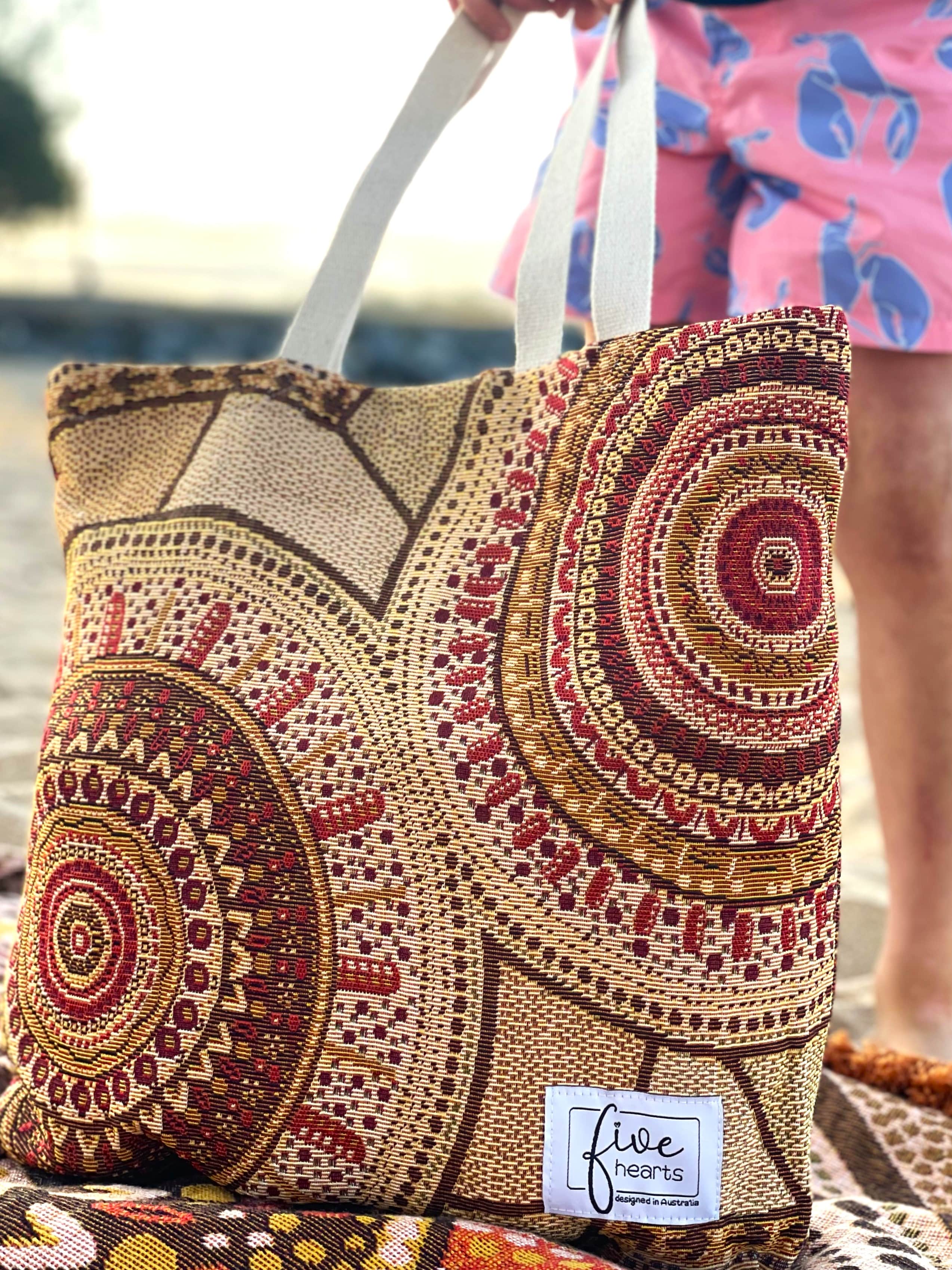 Stomping Ground First Nations Aboriginal Art tote bag woven recycled material. Australian design by Kalkadoon woman