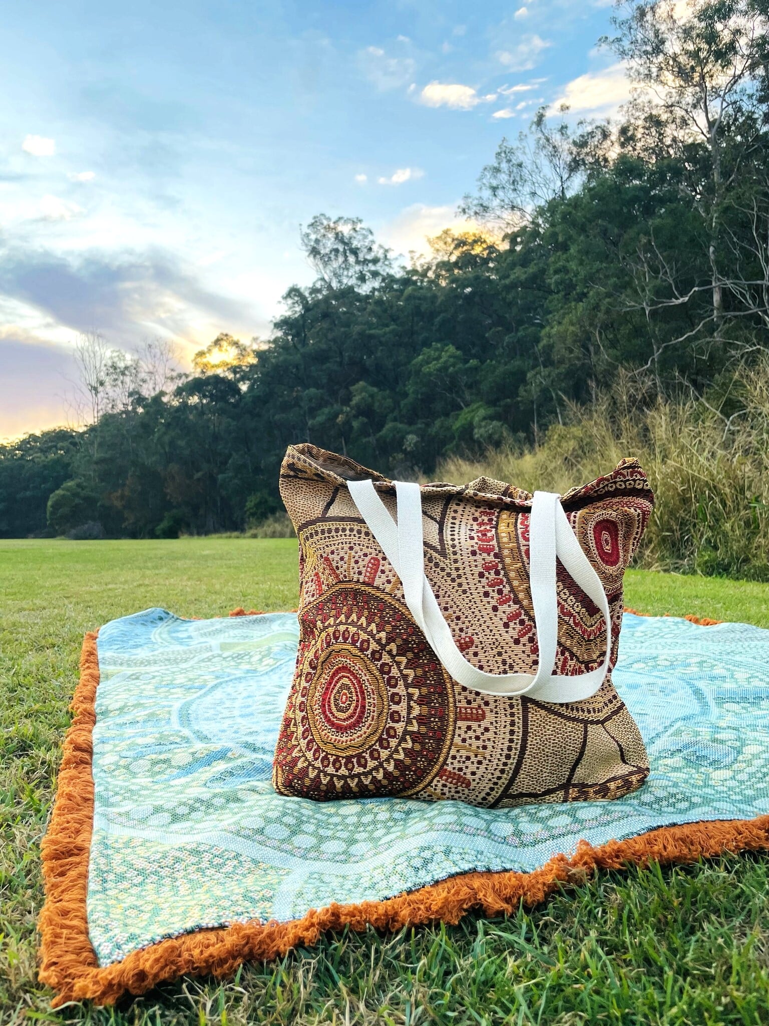 Stomping Ground First Nations Aboriginal Art tote bag woven recycled material. Australian design by Kalkadoon woman