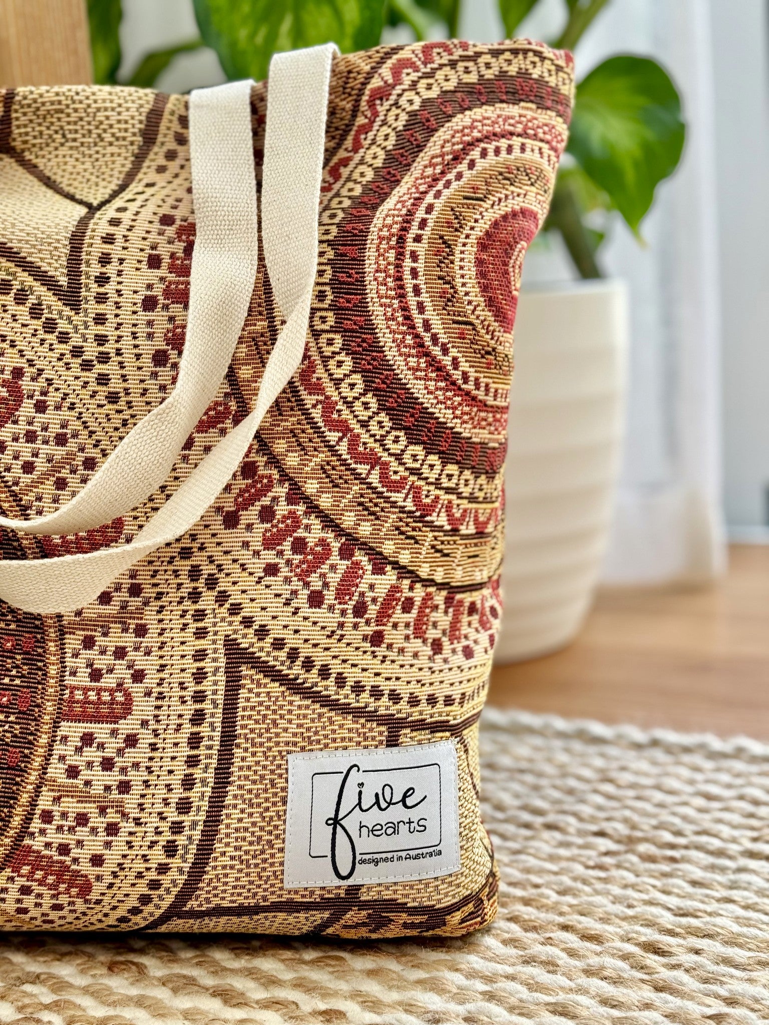 Stomping Ground First Nations Aboriginal Art tote bag woven recycled material. Australian design by Kalkadoon woman
