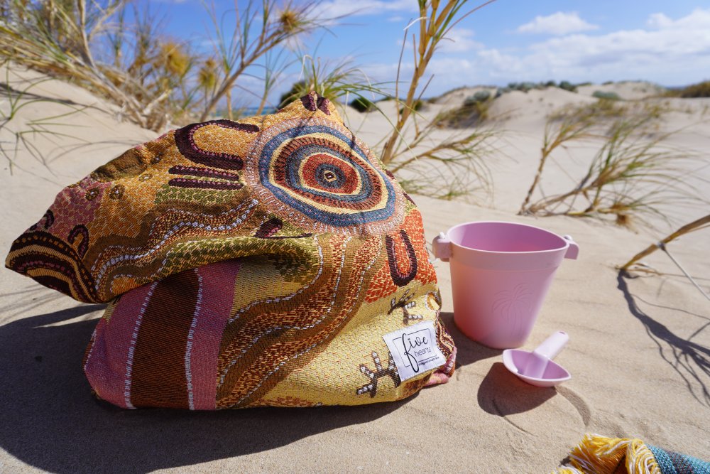 Coming Home Indigenous art tote bag. Woven from recycled fabrics. First Nations art, designed in Aus. Use a beach bag.