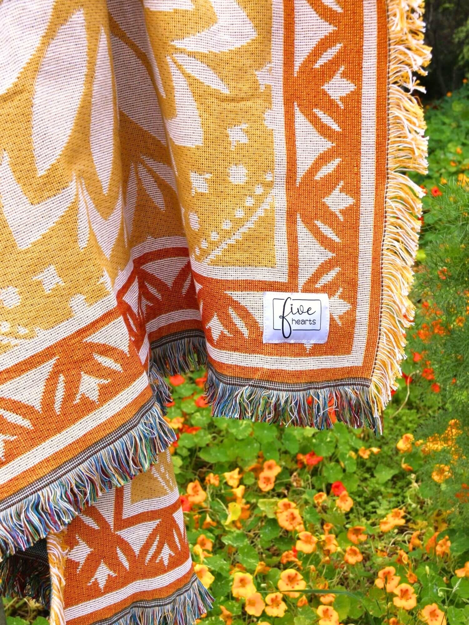 Yellow and orange throw rug perfect for self-care. XL size to fit over queen bed or family picnic. Designed in Australia - Better Days picnic blanket. spring vibes and designed for mental health wellbeing