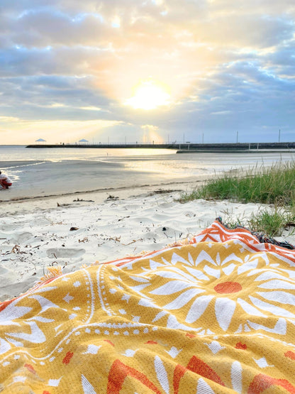 Yellow Better Days throw rug beach sunrise for self-care. Travel Australia and make memories. Sustainable versatile blanket.  XL size for queen bed or family picnic. Designed in Australia