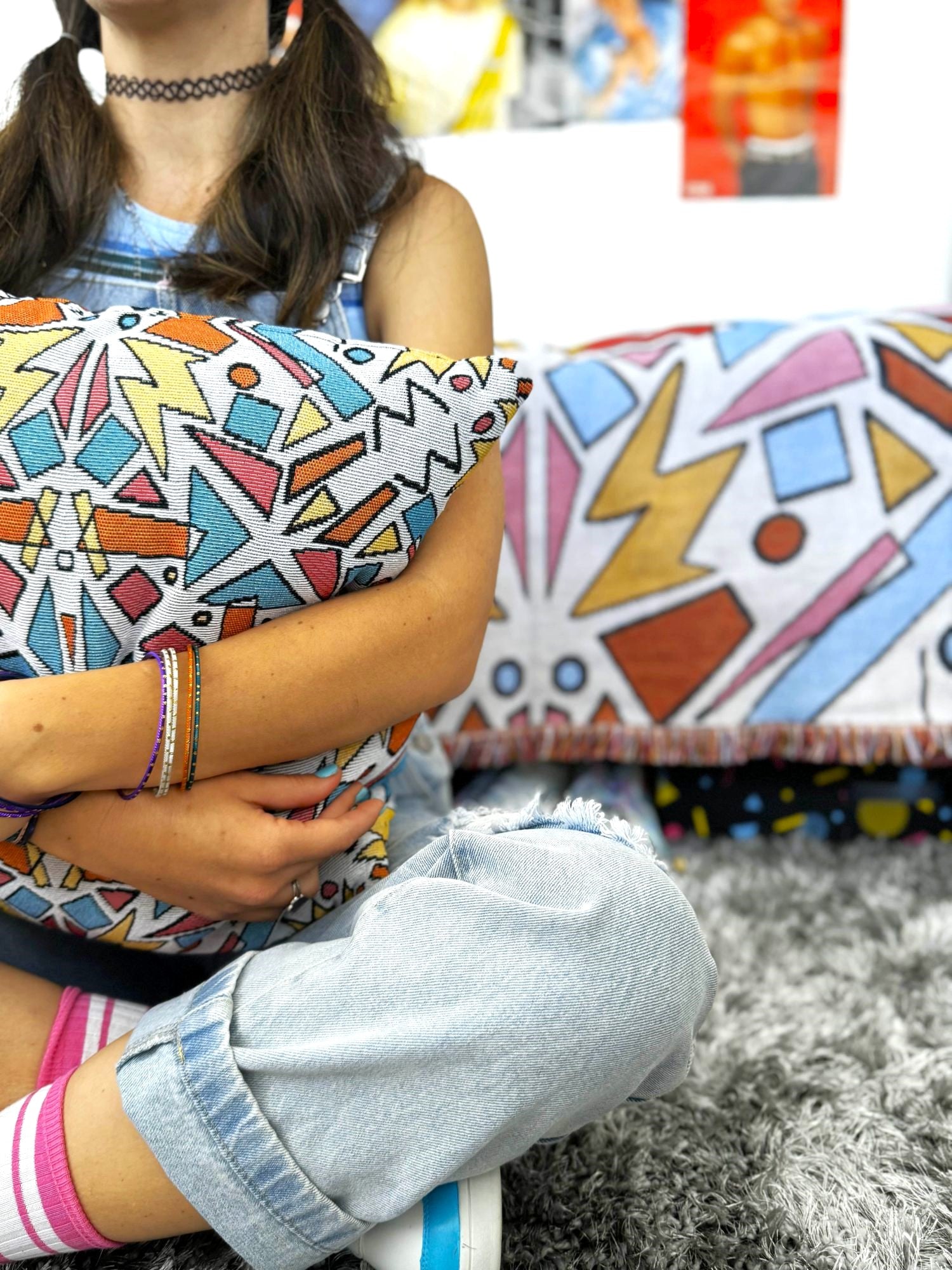 Just Ace cushion 90s vibe colourful design. Designed in Australia. 90s bedroom decor ideas. Millennials nostalgic colourful bold playful