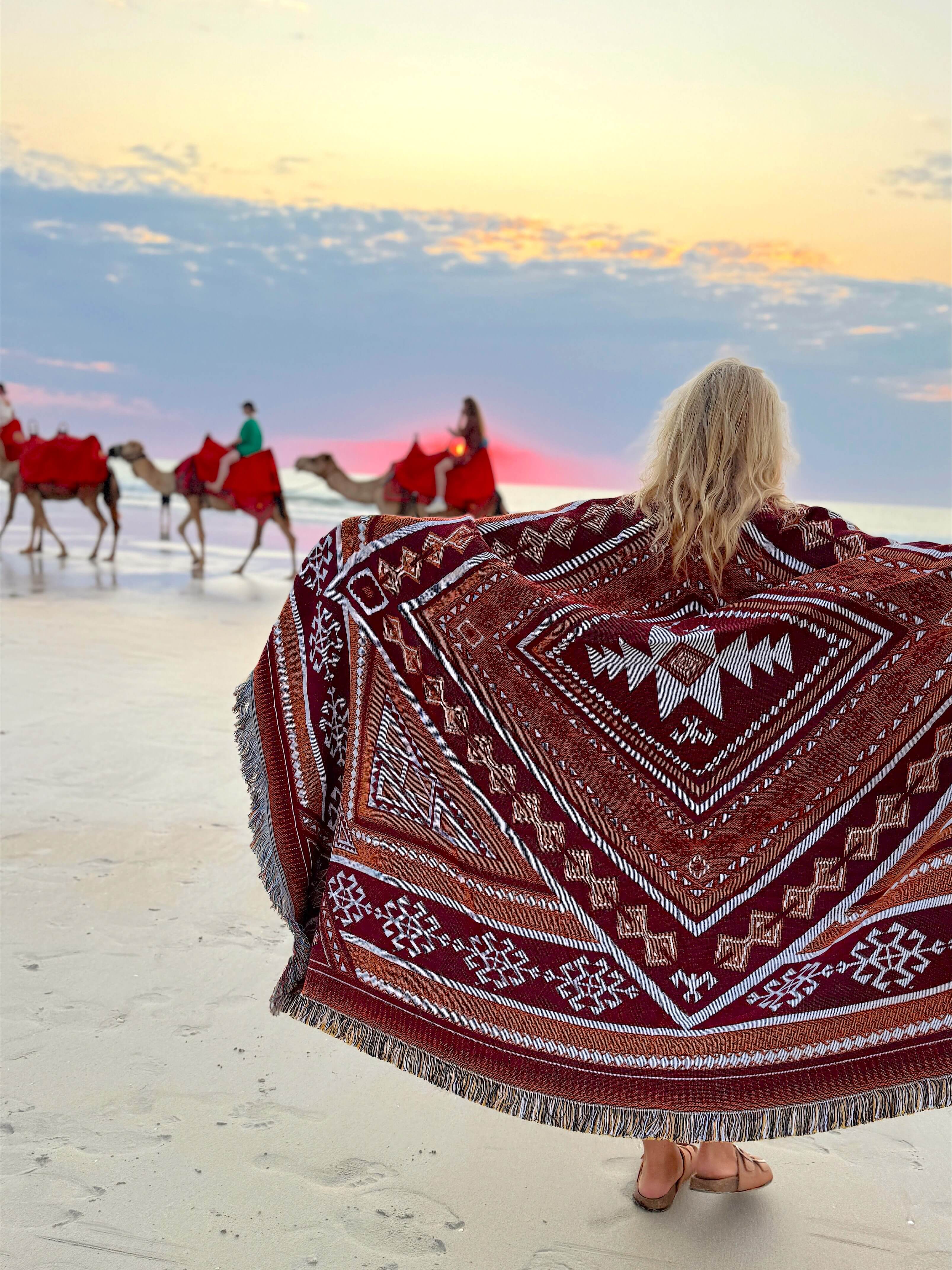 Boho throw rug Broome Camels on Beach