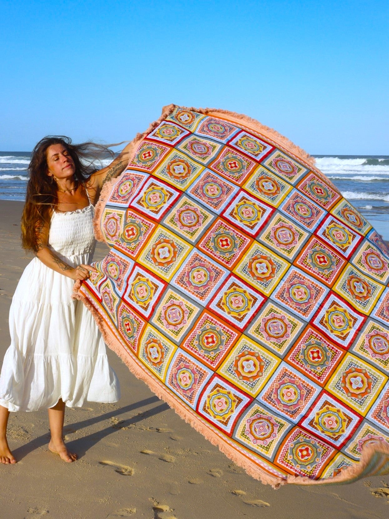 Forever Young Picnic Blanket throw rug summer beach. Vintage style nanna rainbow rug for boho babes