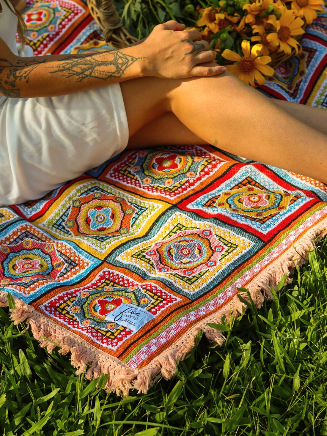 Forever Young Picnic Blanket throw rug spring garden. Boho living, vintage style nanna rainbow rug