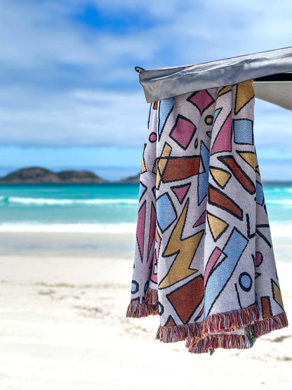 Just Ace throw rug beach blanket 90s vibe colourful design. Designed in Australia. Generous size perfect for van life camping and adventure.