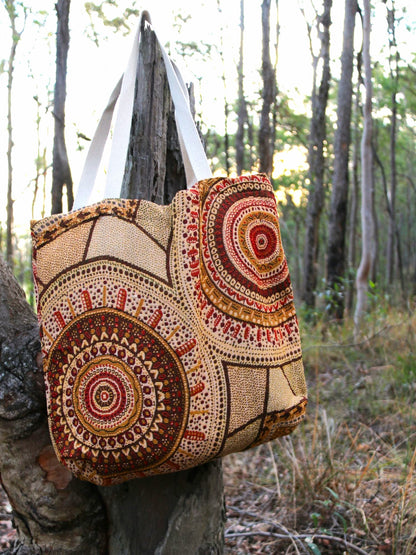 Stomping Ground First Nations Aboriginal Art tote bag woven recycled material. Australian design by Kalkadoon woman